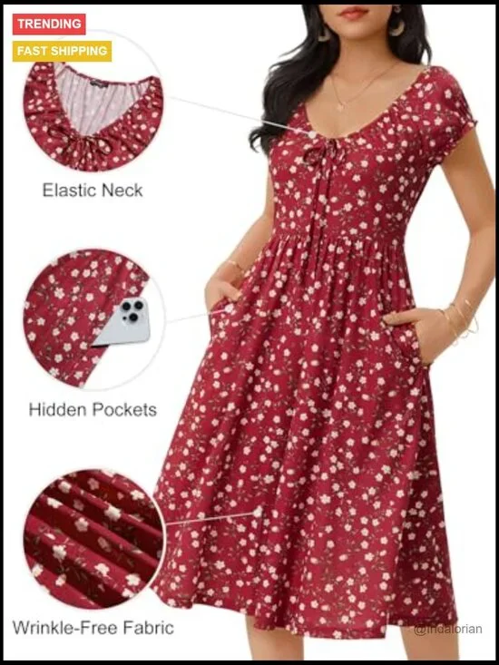 Summer Floral V Neck Puff Cap Sleeve Sundress Midi Dress with Pockets - Picture 4 of 7